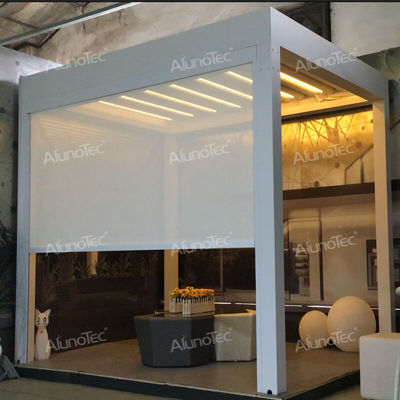 Maßgeschneiderte Aluminium-Pergola-Designideen, DIY-Dachpavillon zum Öffnen mit Vorhang