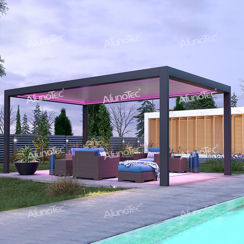 Maßgeschneiderte Aluminium-Pergola-Designideen, DIY-Dachpavillon zum Öffnen mit Vorhang