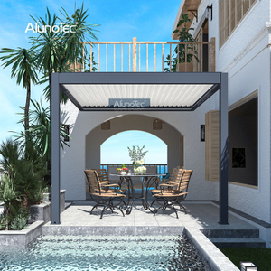 AlunoTec 16x16 ft weiße Lamellen-Pergola mit dunkelgrauen Lamellen und dimmbarer LED-Streifenbeleuchtung