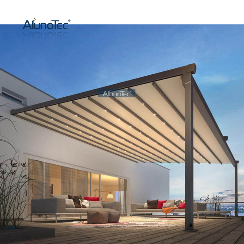 Outdoor-Aluminium-wasserdichtes PVC-Faltdach, einziehbares Pergola-Markisensystem mit LED-Leuchten