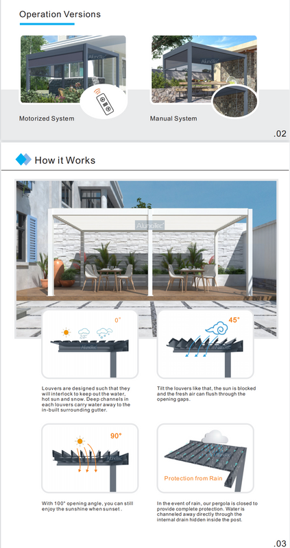 AlunoTec Standardgrößen, öffnende Dachlamellen, Pavillon, Garten, Aluminium, manuelle bioklimatische Pergola
