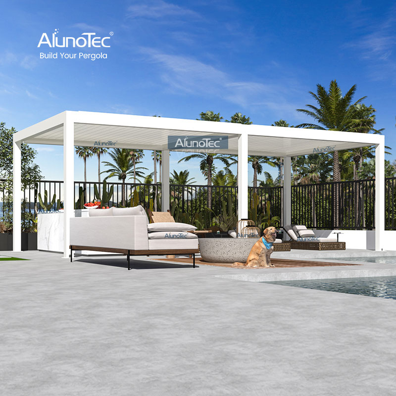 AlunoTec Lamellen-Terrassenabdeckung, motorisierter Decken-Pergola-Bereich mit automatischen Fliegengittern