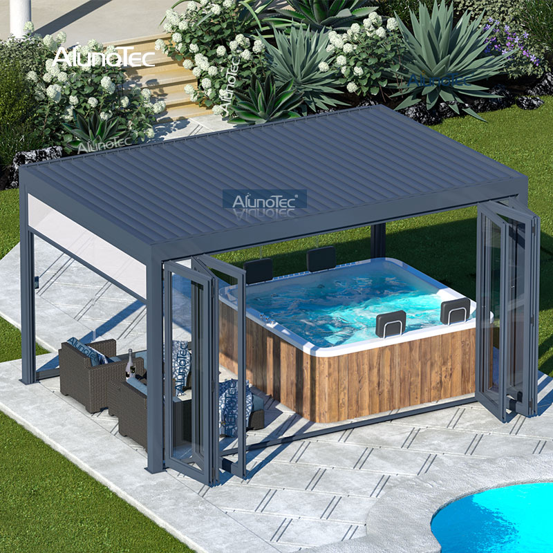  Motorisierter Outdoor-Pavillon, modernes Aluminium-Lamellendach, bioklimatischer Pergola-Sonnenschutz mit Rollläden, Glastür
