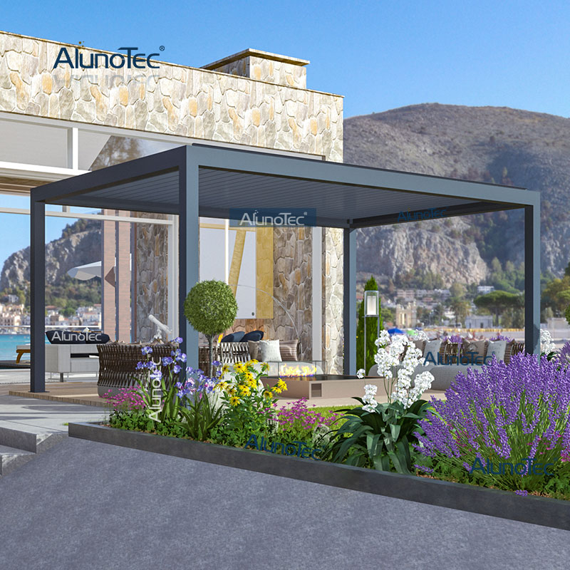 AlunoTec 28 x 12 24 x 22 moderne automatische Lamellenpergola mit Glas und Netz
