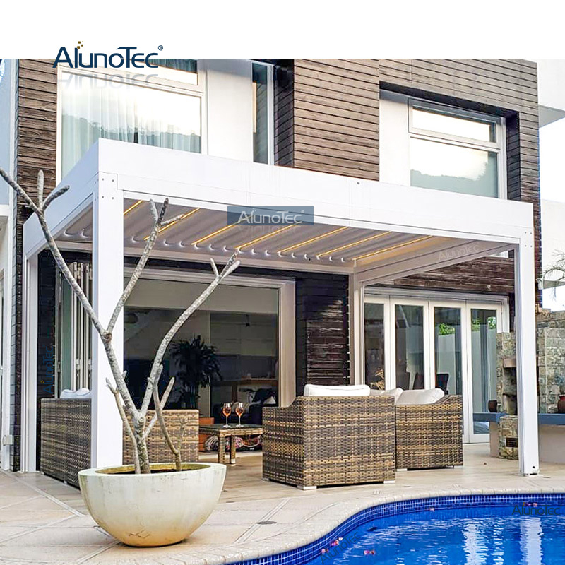 Elektrisches Zelt, einziehbare Markise, wasserdichte Aluminium-Pergola mit LED-Licht und Säule