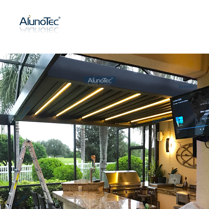 AlunoTec 4 x 9 m großer Pool-Grillbereich, Lamellendach, Abdeckung einer Pergola mit Glasschiebewänden.