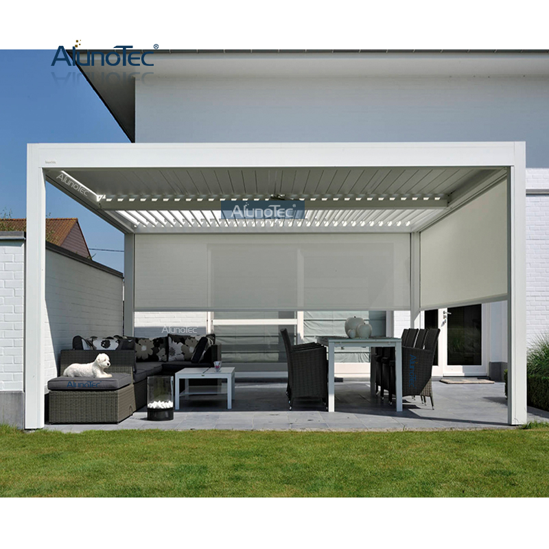 Robuste, motorisierte, verstellbare Lamellendach-Terrassenabdeckung, Pergola-Pavillon mit Schiebetür