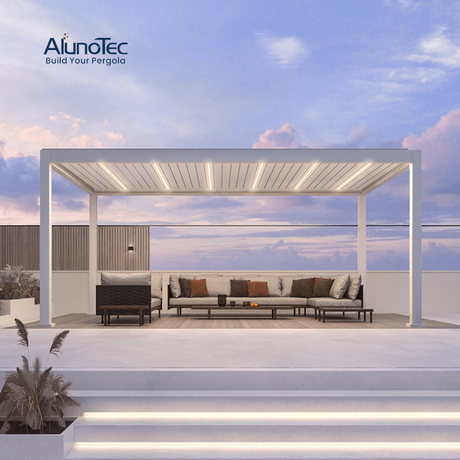  Neu eingetroffen von AlunoTec, 4 x 6 m, nur 4 Pfosten, bioklimatische elektrische Außenjalousien, Flächenstruktur, Pergola