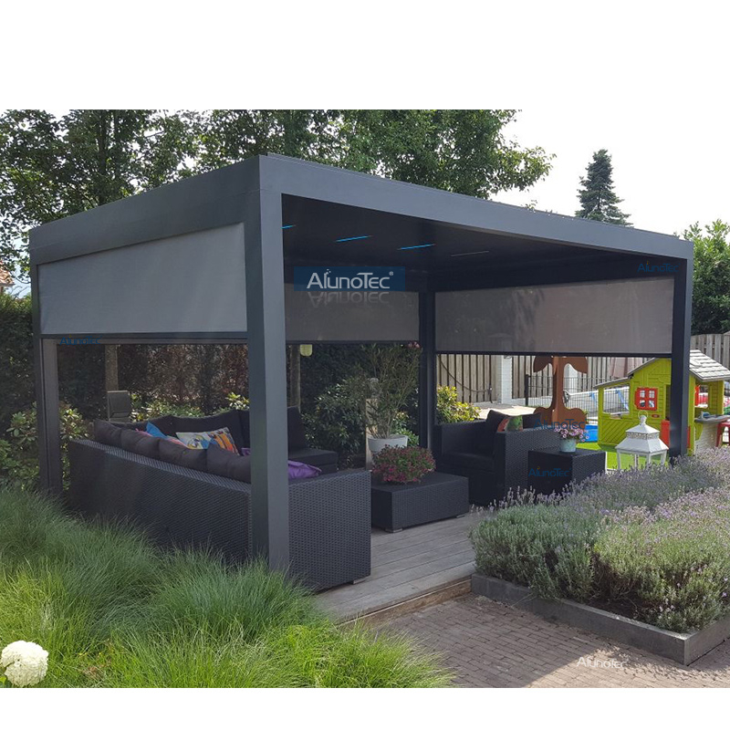 AlunoTec 4 x 9 m großer Pool-Grillbereich, Lamellendach, Abdeckung einer Pergola mit Glasschiebewänden.