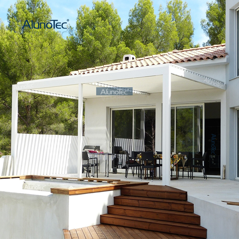 AlunoTec motorisierte, wasserdichte Terrassenabdeckung, Lamellendach, automatische Aluminium-Markise für den Außenbereich, Gazobo-Pergola mit LED-Leuchten