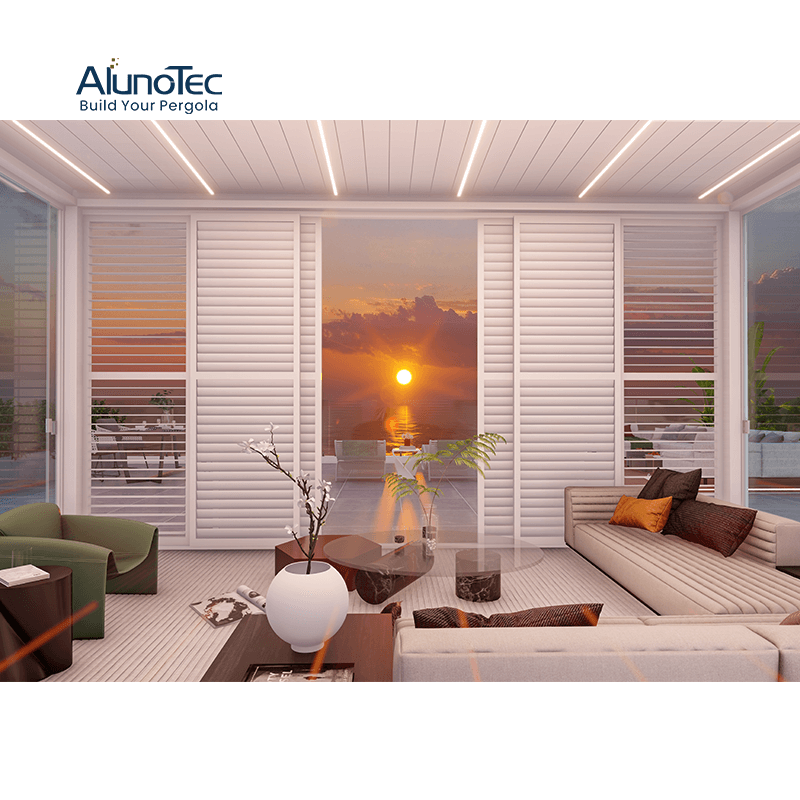 AlunoTec Outdoor Space Individuelles Pergola-Design verwandelt den Hinterhof in eine private Oase mit Lamellenfenstern