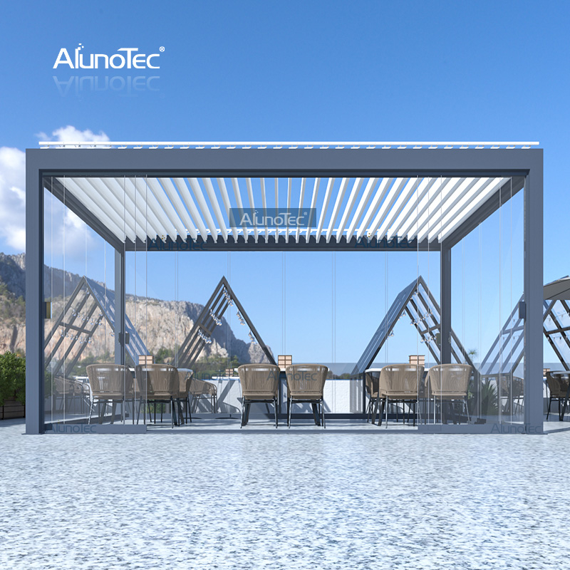AlunoTec motorisierte, wasserdichte Terrassenabdeckung, Lamellendach, automatische Aluminium-Markise für den Außenbereich, Gazobo-Pergola mit LED-Leuchten