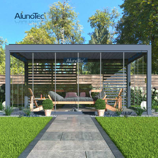 AlunoTec 28 x 12 24 x 22 moderne automatische Lamellenpergola mit Glas und Netz