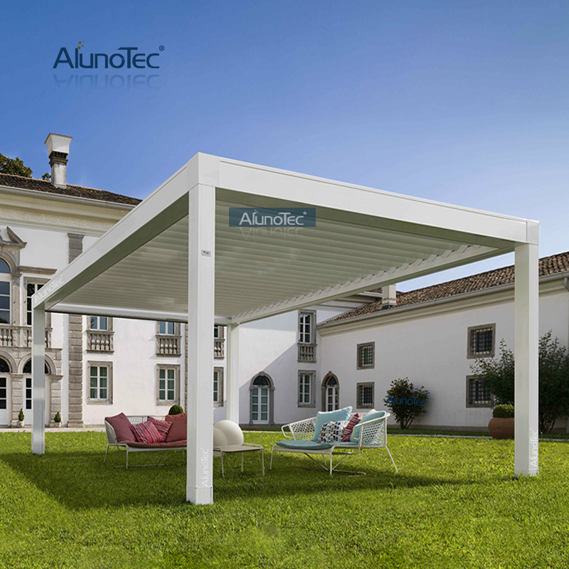 Robuste, motorisierte, verstellbare Lamellendach-Terrassenabdeckung, Pergola-Pavillon mit Schiebetür