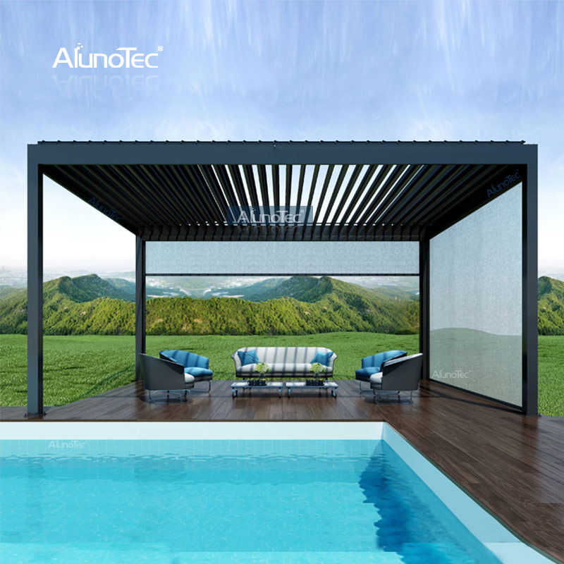 AlunoTec 4 x 9 m großer Pool-Grillbereich, Lamellendach, Abdeckung einer Pergola mit Glasschiebewänden.