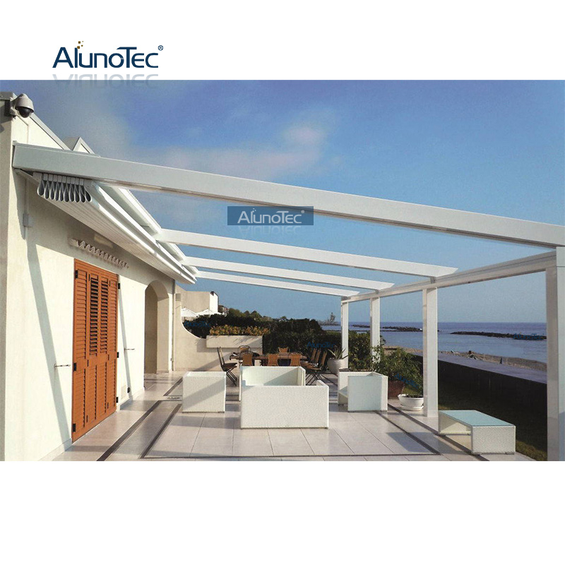 Heißer Verkauf motorisierte Aluminium-Sonnenschutzabdeckung PVC-Überdachung, zusammenklappbare Pergola, einziehbare Markise