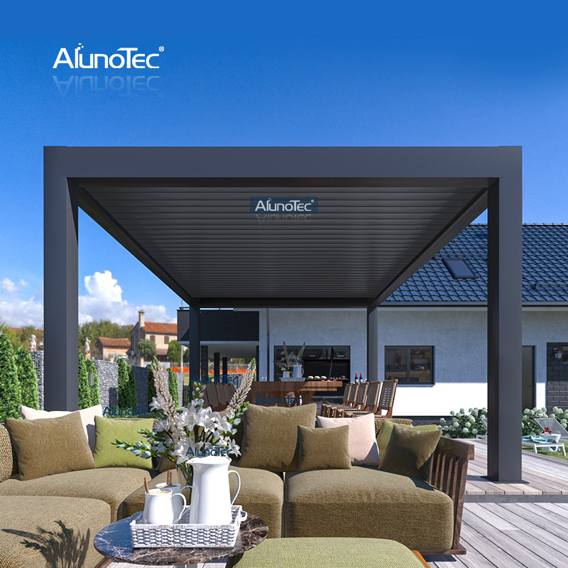 ALUNO 4x3 5x4 6x4m Grau Schwarz Terrassendeck Motorisierte Dachaußenpavillonstruktur 
